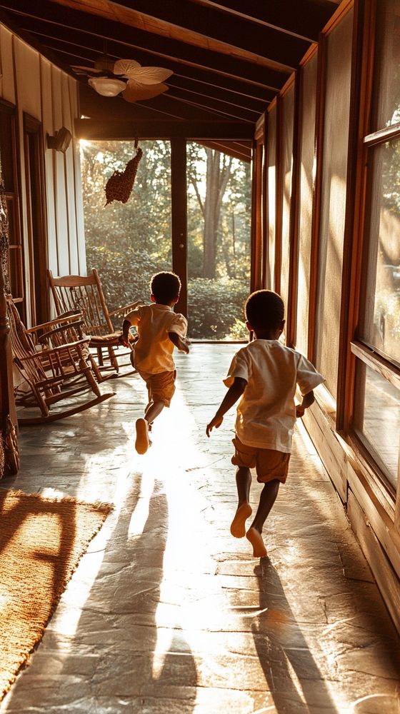 two young boys mid-run down a polished wooden porch, barefoot and laughing, golden hour light casting long sharp-edged shadows behind them, late summer foliage glowing through screened windows on one side, a row of vintage rocking chairs catching warm side light on the other, deep amber tones and directional lighting emphasize texture and motion, scene rendered with soft lensing and shallow depth of field to capture nostalgic intimacy, high detail focus on floor reflections and the linen of their shirts, candid energy frozen in time.