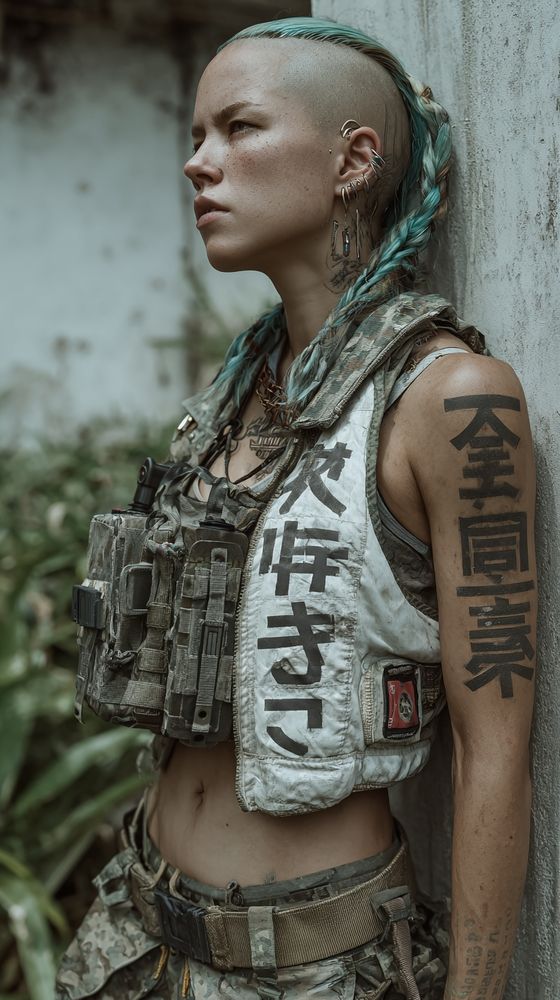 a cyberpunk guerrilla femme with blue braided undercut leans against a weathered concrete wall, tactical vest covered in grime and kanji, layered combat gear with frayed seams and worn plates, bold black ink tattoos across arm and neck, piercing-studded ears and throat mic cabling visible, urban jungle overgrowth in background, moody daylight filtered through thick humidity, sharp 85mm prime lens, f/2.0 aperture, shallow depth of field, gritty post-process grading with desaturated greens and oxidized metal tones, subject in left third of frame, eyes narrowed in profile against pale stucco, cinematic realism