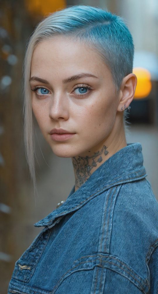 tight portrait of a young woman with a bleached-and-cyan buzzcut, standing in a soft-focus alleyway at dusk, pale freckled skin and icy blue eyes under ambient city light, fine black neck tattoos trace upward toward her jawline, small silver piercings trace her ear helix, light catching on worn denim collar, shallow depth of field isolates her profile, background bokeh softened with warm amber tones, captured with a 135mm prime lens at f/1.8, natural light with subtle bounce fill, cinematic clarity and editorial styling, poised and composed within center frame