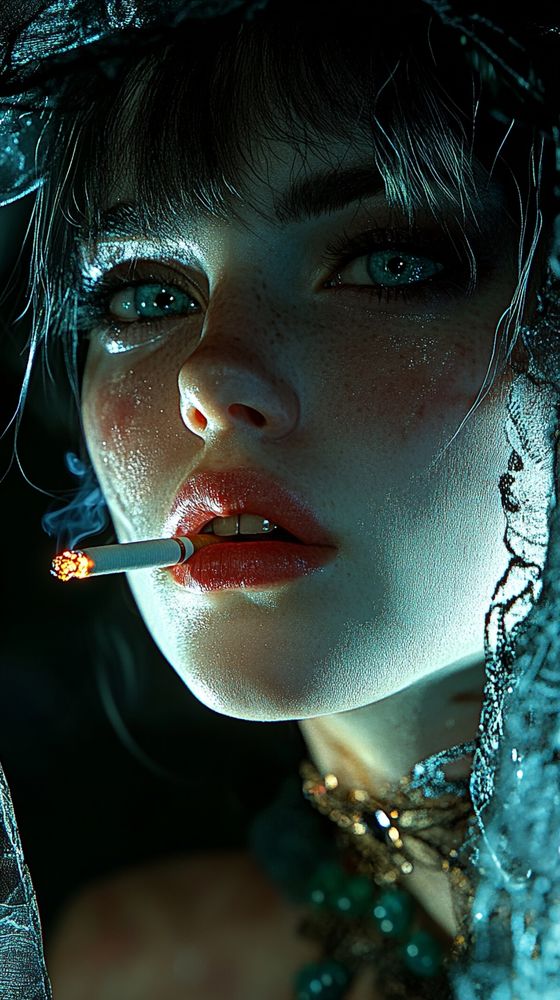 Tight crop of a femme fatale in mid-turn, lips parted around a lit cigarette; dramatic cyan rim light outlines the curve of her jaw and cheekbone, while warmer tones glint off sweat-kissed skin; fine lace veil trails into frame from the top edge, throwing fractal shadows across her temple and brow; shallow depth of field isolates glossy red lips, dark lashes, and cold blue eyes; illumination shifts from harsh highlights to dense shadow falloff, evoking tension and glamour in equal measure; shot on a 100mm lens, f/2.2, ISO 320 with tungsten fill and directional LED backlight.