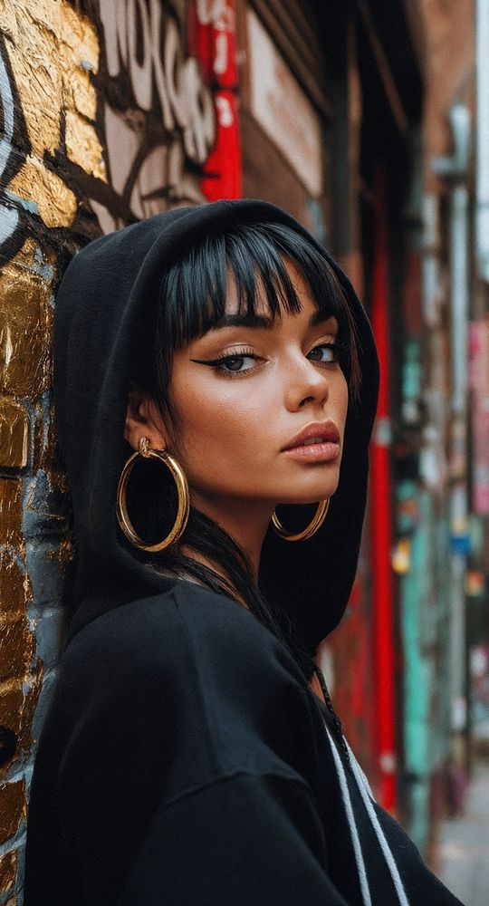 tight portrait of a striking woman in a black hoodie leaning against a brick wall layered with gold foil graffiti and tags, oversized gold hoop earrings catching ambient light, sharp winged eyeliner and flawless skin in soft afternoon shade, narrow alleyway blurred in the background with vibrant reds and teals, shot on a 50mm lens with wide aperture, shallow depth of field, color graded for high contrast with warm skin tones and metallic highlights, editorial style with documentary sharpness and subtle grain simulating Pro 400H film.