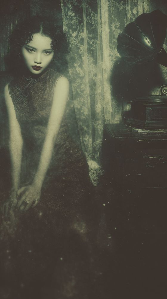 Three-quarter portrait in a dim 1930s Shanghai parlor: young woman in a dark silk qipao with frog closures, Marcel-wave curls and deep red lips, leaning forward at a varnished table beside a black horn gramophone; yellowed lace curtains behind her with mottled window light; dust motes hanging in humid air, soft haze and fine scratches like aged celluloid; 50mm lens at f/2, ISO 400, focus on the near eye and lip line with gentle falloff into the gramophone and drapery; tungsten-balanced key skimming from camera right through lace for patterned shadow, faint bounce on the left, negative fill at the rear to keep the room dark; subdued green-cyan toning with warm skin highlights, high micro-contrast to resolve silk weave, patina on wood, and curtain lace; composed low and centered, slight forward cant, shallow depth and natural film grain.