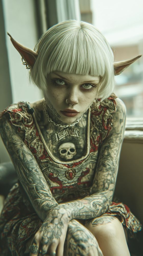 Three-quarter seated portrait of a platinum-blonde elf woman with blunt fringe and pointed ears, septum and nostril rings, pale green eyes, and full-sleeve tattoos with bone and crimson motifs, leaning forward near a sunlit window; soft north-light key from camera left with gentle bounce from the room, negative fill on the right to sculpt cheekbones, faint backscatter along the hairline; 85mm prime at f/1.8, shallow depth with focus on the near iris, smooth falloff through the clasped hands and skirt; daylight white balance with a cool urban cast, restrained contrast, high micro-contrast to resolve ink lines, pores, and fabric weave; interior window frame and distant city shapes rendered as creamy bokeh; composed tight with the eye line high in frame, slight forward tilt for intensity, clean separation, minimal distortion, natural grain.