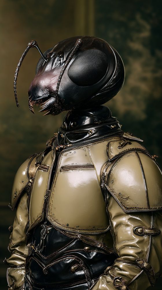 studio portrait of an ant-like alien queen, chitinous exoskeleton head with faceted compound eyes and segmented antennae, mandibles detailed with fine iridescent hairs, wearing high-collared tailored armor in lacquered olive and black with brass clasps, intricate stitched paneling and leather straps, dim painterly backdrop with soft gradient light, hyper-detailed texture rendering with cinematic depth and muted sci-fi color grading