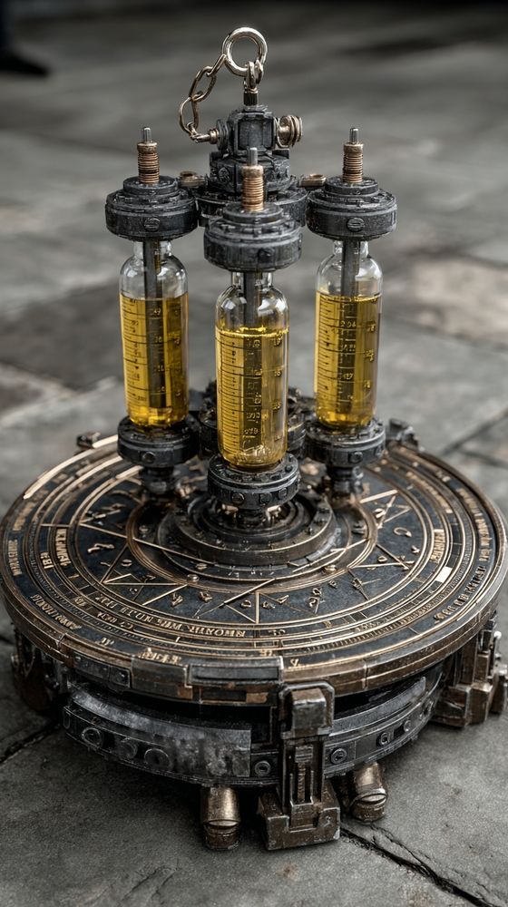 An ancient alchemical contraption with rotating rings, fluid vials, and glowing sigils, positioned in a dark chamber with etched stone floors, illuminated by sulfur-yellow glow, mechanical fantasy, ultra-detailed, 24mm lens, high contrast shadows