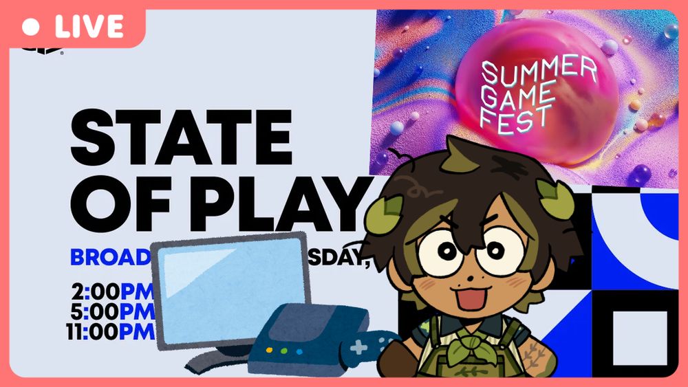 A thumbnail of Night looking excited in the foreground. Next to them is a video game console and a TV. In the background are the promotional images of PlayStation's State of Play and Summer Game Fest.