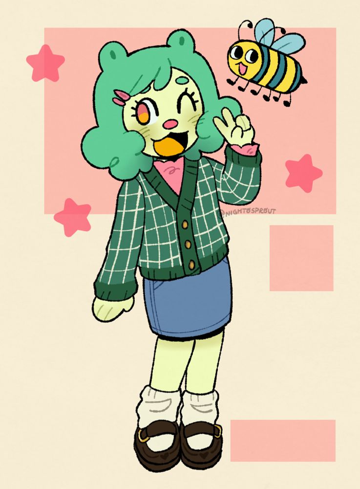 Gift art for the wonderful Starbeefrog!

Starbee is winking and holding up a peace sign. They're happy and smiling big and wide! They are wearing a moss green cardigan with white checkered line pattern. The buttons are brown and the ends of the sleeves are a darker moss green. Underneath the cardigan is a pink blouse. They are also wearing a blue denim skirt, thick white socks, and brown Mary Jane shoes. Their hair is pinned with two pink hair clips. Next to them is Burt the bee looking happy.

The background is a simple cream color and two pink rectangles and one pink square. It also has three pink stars.