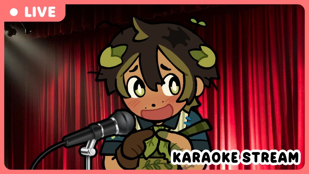Night is looking away, embarrassed, pointing their two index fingers together. They are blushing and singing into a microphone on a stage. Behind them is a red curtain. The title of the thumbnail reads "Karaoke Stream".

There is a red border around the image. In the corner, it says "LIVE".
