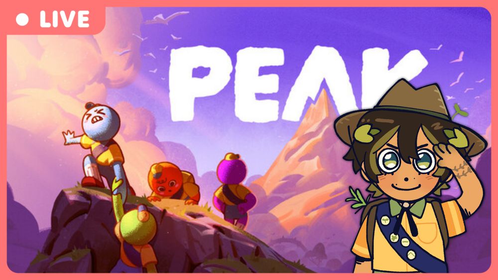 The background is a promotional image of the game "PEAK". In the foreground is Night dressed up as a scout. They are wearing a scout uniform, a blue sash with badges, a backpack, and a hat. They are saluting and look very determined!

There is a red border around the image. In the corner, it says "LIVE".