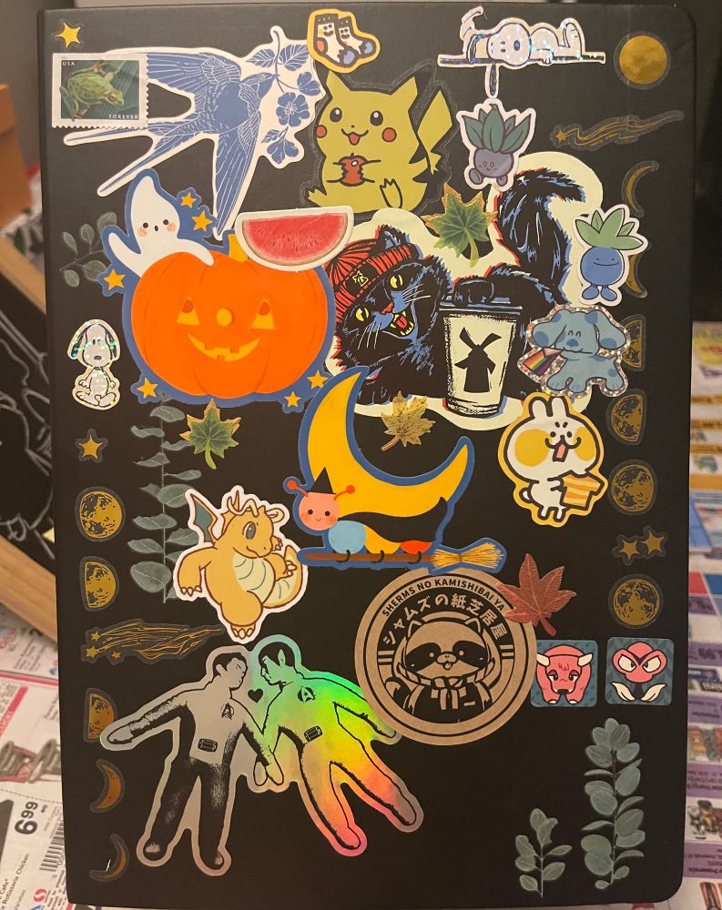 A black sketchbook with various stickers on it ranging from plants, the moon cycle, autumn leaves, Pokémon, Star Trek, Snoopy, stars, frog stamp, and more.