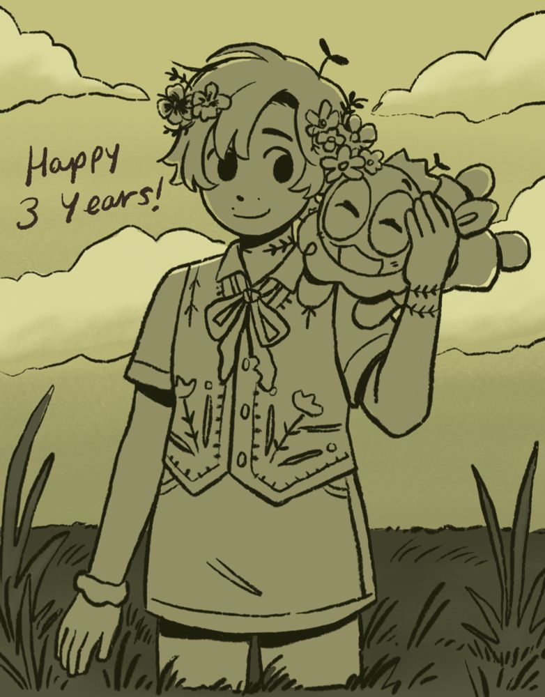 Night, standing in a field of grass with a clear summer sky. Sprout is jumping on their shoulder excitedly, and Night is looking at him with a smile. The whole drawing is in a green hue.