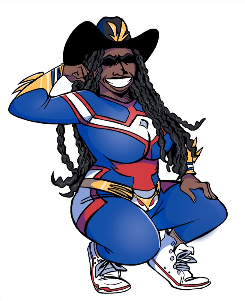 All Might cosplay with a cowboy aesthetic and also a woman.