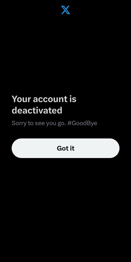 Screenshot of deactivated X account notification