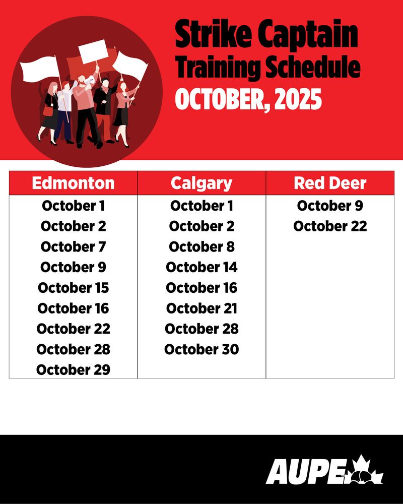 Strike Captain Training Schedule - October 2025. Dates listed in Edmonton, Calgary, and Red Deer. See registration link for details.