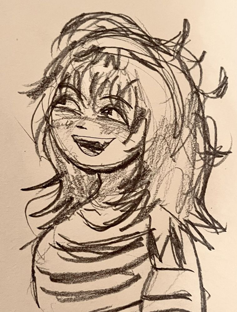 sketch art, original character, woman in striped t shirt, anime, manga, rkgk, character design, traditional art, girl smiling happily, cute
