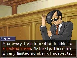 Gaspen Payne, sunglasses-wearing prosecutor, is saying "A subway train in motion is akin to a locked room. Naturally, there are a very limited number of suspects."