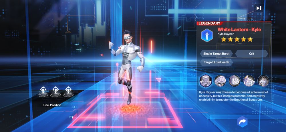 A screenshot of me having pulled Kyle Rayner, the correct answer to "best Lantern," in the DC gacha Worlds Collide. He's in his White Lantern role here, which is very cool 