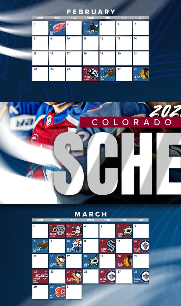 2025-2026 Colorado Avalanche schedule for February and March