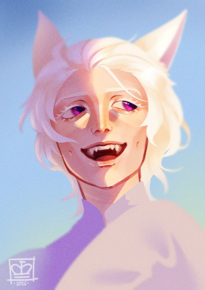 An albino Miqo'te with white hair and purple eyes. He's facing forward, but his eyes look to the side. He is smiling widely, with his prominent canines and his dimples showing.