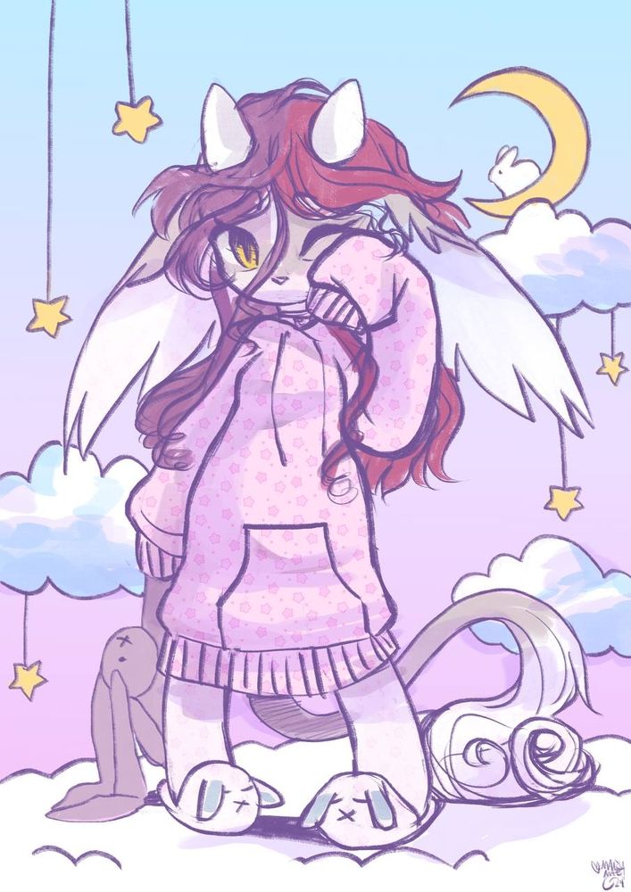 Sleepy Mae Mae stands holding her bunny plushie. Her hair is a mess, she wears a long hoodie dress and bunny slippers on her beans. She is surrounded by clouds and hanging stars on strings. The crescent moon rises behind her and a little while bunny sits in the curve. 