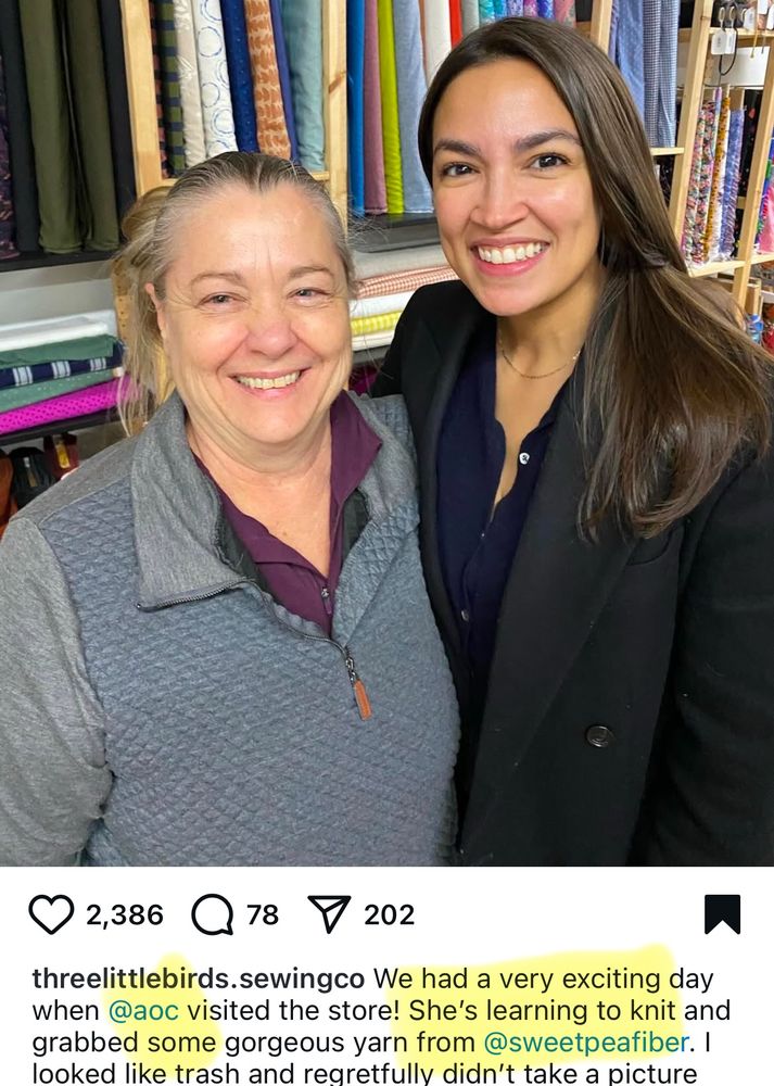 Instagram post noting that AOC is learning to knit!  