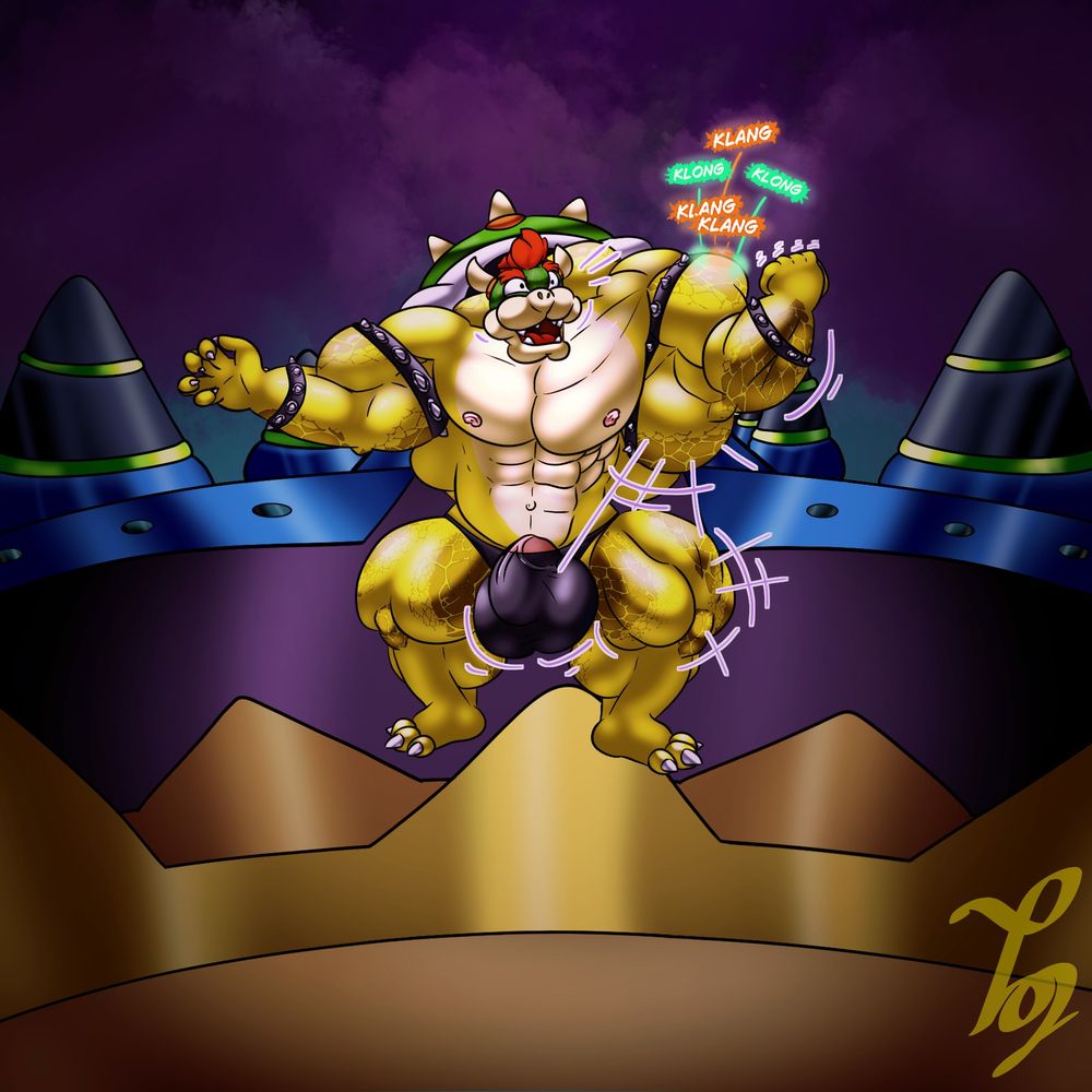 Bowser (M&L: Bowser's inside story) surprised as his left side, but specially his left arm, explodes in size. The bell-like sounds continue and they seem to be the source of his growth