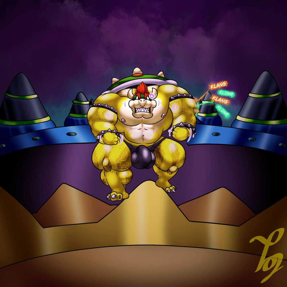Bowser (M&L: Bowser's inside story) standing looking angry and menacing. Strange bell-like sounds come out of his arm.