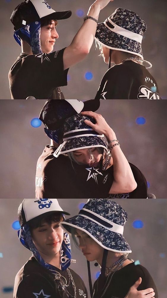 a sequence of photos of bangchan hugging felix