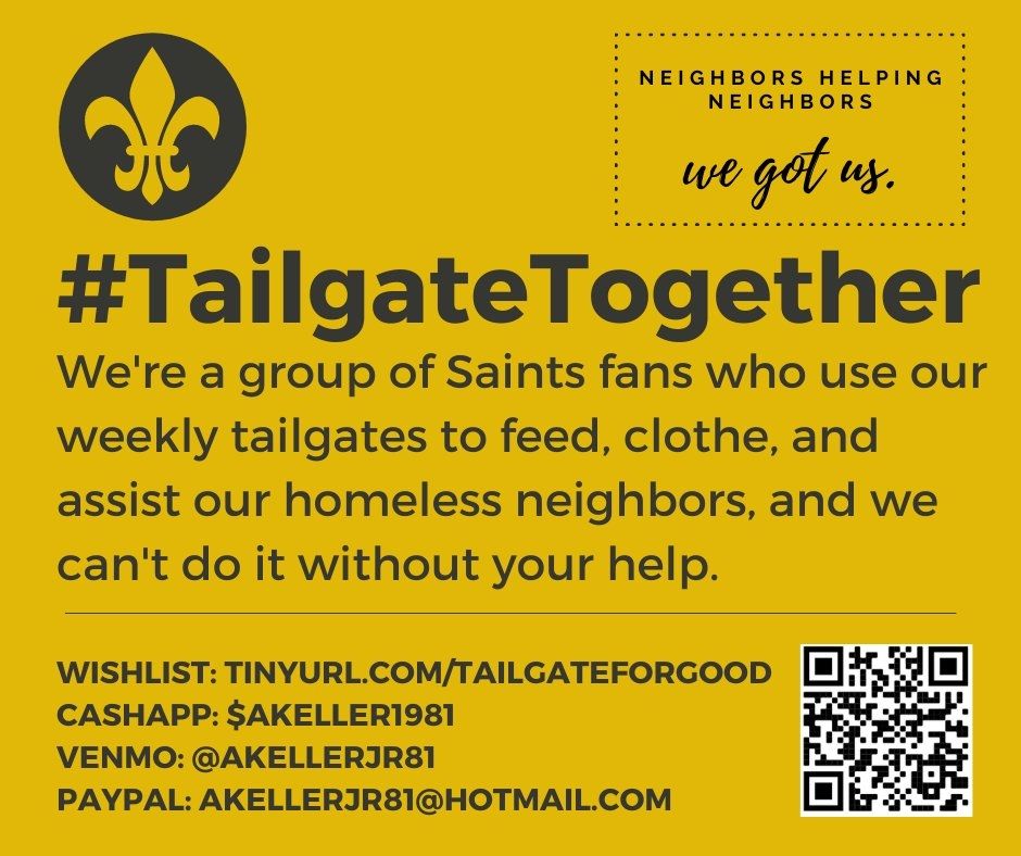 #TailgateTogether is a Mutual Aid Group with a primary focus of feeding and clothing the houseless community in New Orleans on a bi-weekly basis. We also assist with Hurricane relief and feeding underprivileged schoolchildren. All of our work has been vetted, verified, and documented.