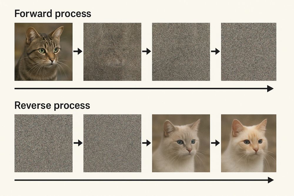 Illustration of the diffusion process: The "forward process" row shows a clear image of a gray tabby cat progressively becoming noisier through several steps until it is completely indistinct. The "reverse process" row begins with noise and progressively resolves into a distinctly different cream-colored cat, illustrating that the diffusion model generates a new, unique image rather than reconstructing the original input.