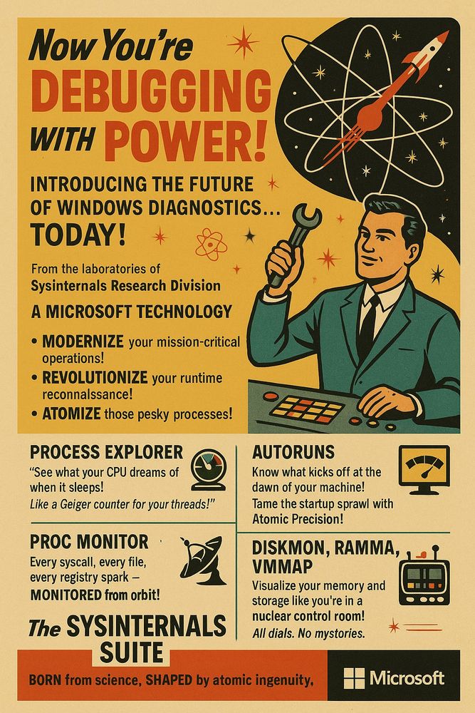 Retro-style poster titled "Now You're Debugging with Power!" promoting the Sysinternals Suite by Microsoft. It depicts a smiling technician in a suit holding a wrench, standing before a futuristic control panel, with an atomic rocket illustration overhead. The poster lists various Sysinternals tools like Process Explorer, Autoruns, Proc Monitor, Diskmon, RAMMA, and VMMap, each humorously described with atomic-era metaphors, emphasizing their capabilities in Windows diagnostics. The visual style evokes mid-20th-century propaganda posters, using bold typography and a warm, vintage color palette.