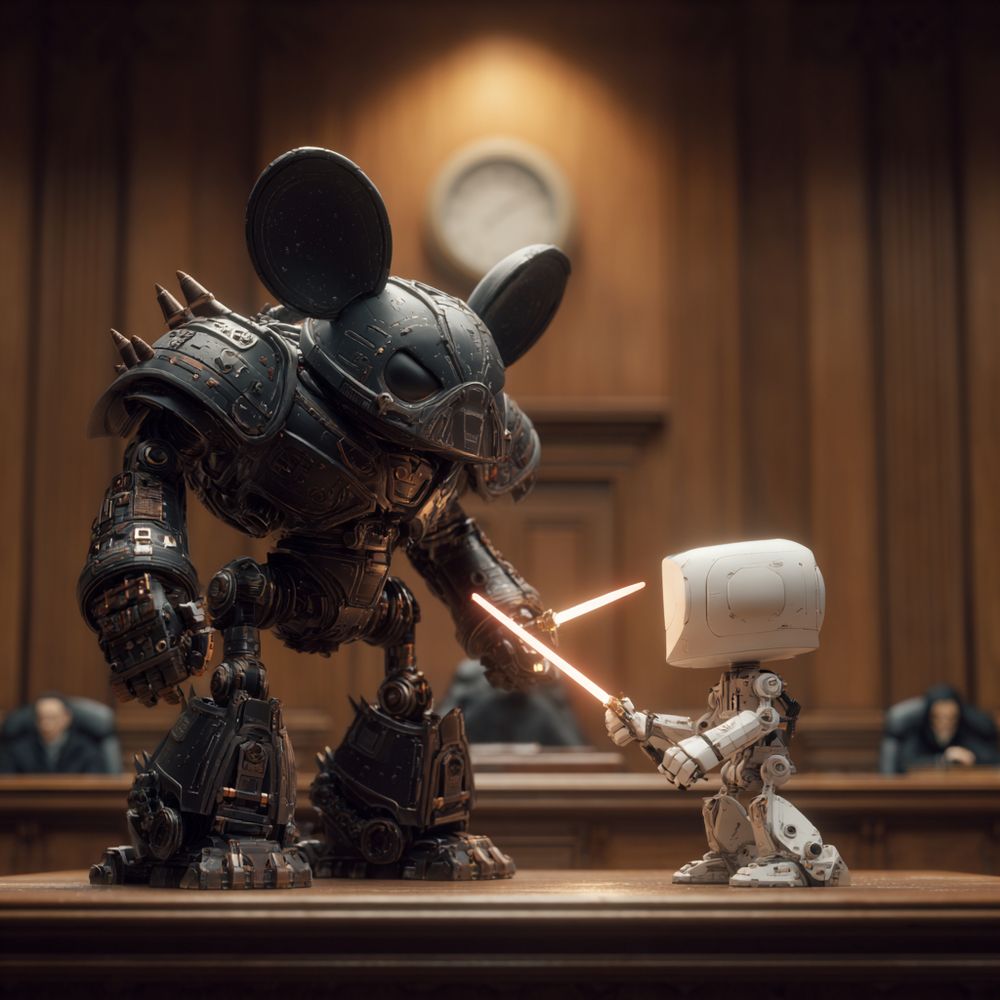 A large, intimidating mech warrior with satellite-dish-like mouse ears and a helmet reminiscent of Darth Vader confronts a smaller, white humanoid robot wielding lightsabers in a courtroom setting, symbolizing a legal battle. The courtroom backdrop features wooden paneling and an indistinct audience observing the conflict.