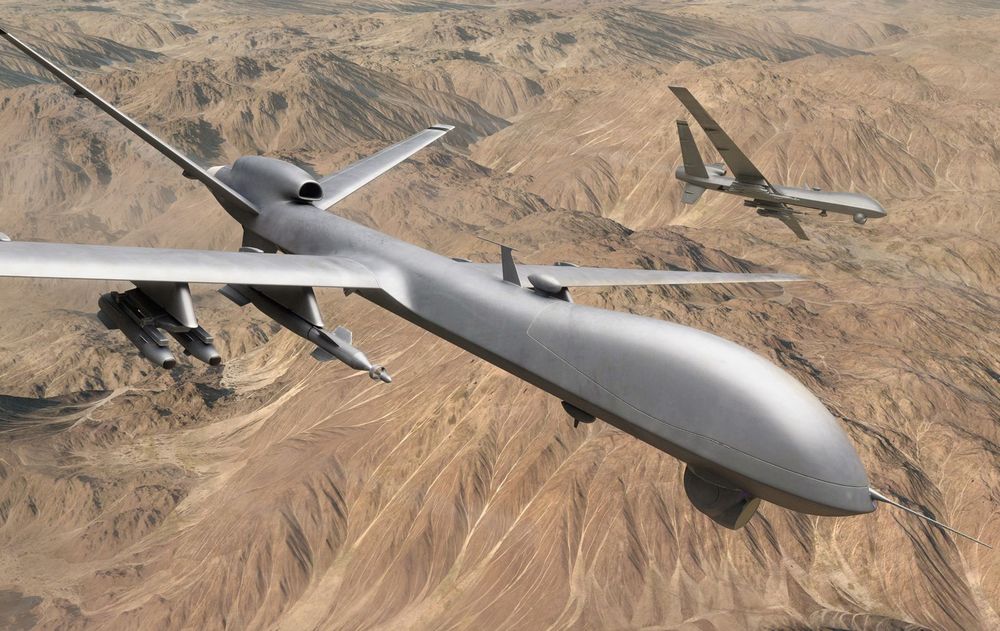 Predator drone flying above desert