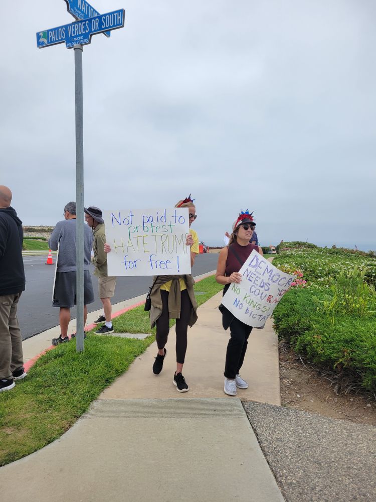 A woman holding a sign saying
"Not paid to protest
Hate trump for free!"