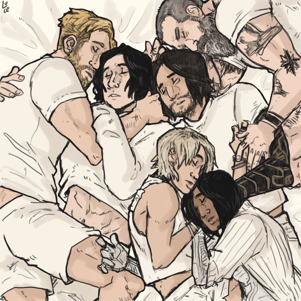 illustration of Bob Reynolds / Sentry , John Walker / US Agent , Yelena Belova / Black Widow , Ava Starr / Ghost, Bucky Barnes / Winter Soldier, Alexei Shostakov / Red Guardian sleeping in a puppy pile