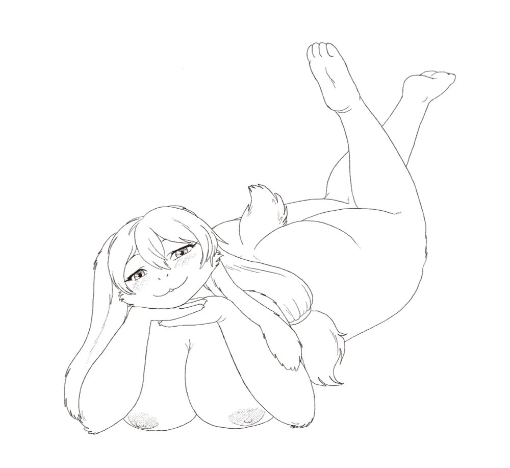 Sophia, a rabbit woman, lays on her belly, looking gently at the viewer. Her ears droop down across her arms, which are up to prop her head up with her hands. Her large breasts can be seen between her arms. Her large ponytail droops to the side of her body, and she is kicking her legs playfully behind her.