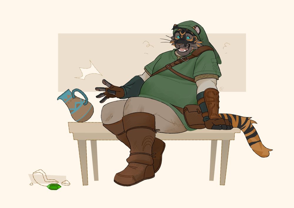 Big tiger Link, from the Legend of Zelda, sits on a counter and pushes a pot off it. The pot lies broken on the floor with a rupee next to it.