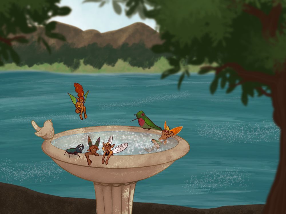 A group of fairies chill out in a bird bath overlooking a lake.