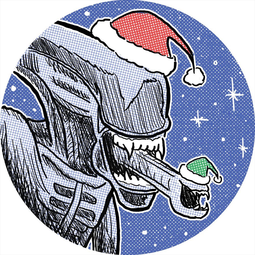 Alien Xenomorph and its Inner Jaw in Santa and elf hats. 