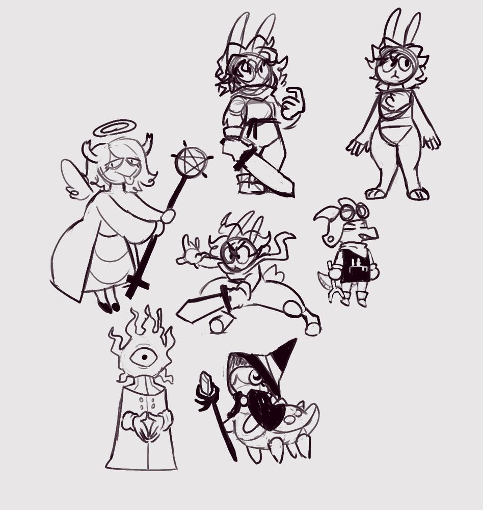 loose doodles of fantasy type heroes
a couple sketches of a bunny hero with wavy hair in baggy clothes and wielding a big sword
a cleric/necormancer girl with tired eyes.  she's wearing a layered dress, and is sporting angle wings and a halo, but also demon horns.  her staff has a crucifix at one end and a pentagram at the other
priestly looking one-eyed fire headed guy holding hands together, wearing a shawl and robes covering their body
a fat caterpillar in a wizards hat and robes, holding a staff shaped like a hand grasping a crystal
annoyed kobold dressed like a mechanic, holding a wrench, wearing an apron and helmet with goggles