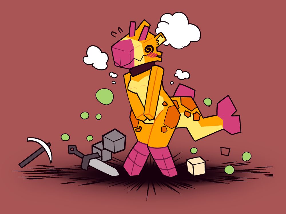 blocky choocan with a mess of items and blocks on the ground. she's covering herself embarrassed, the ground below scorched as tho her clothing exploded off her
