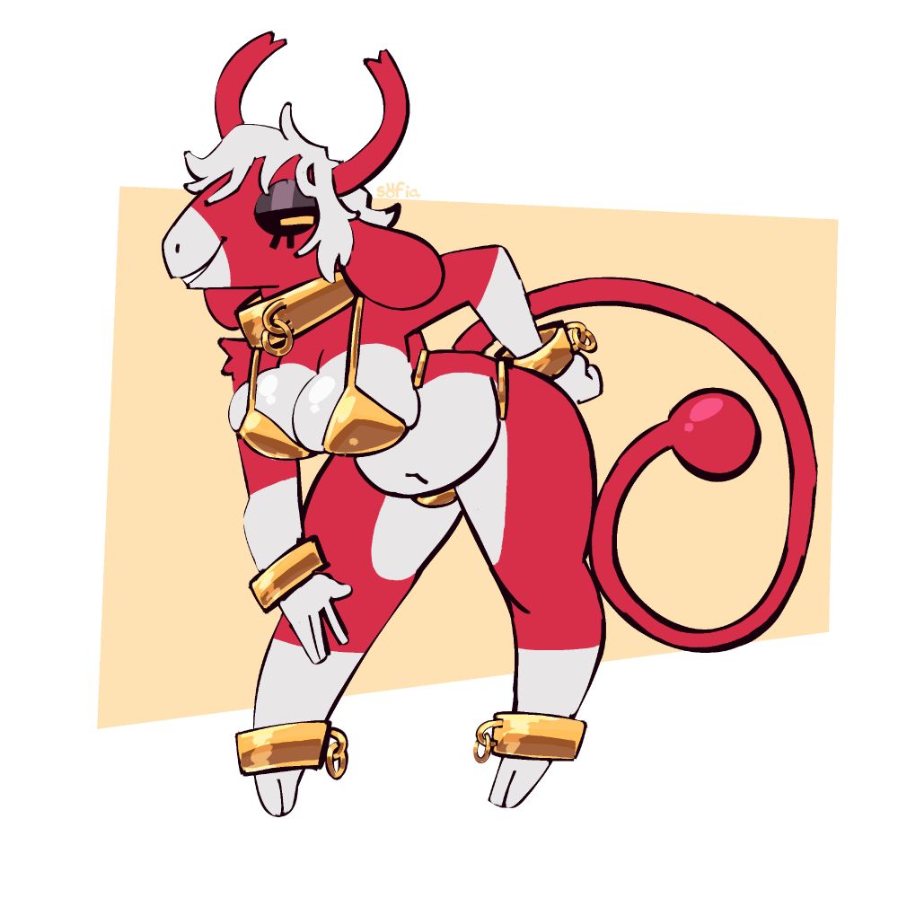 devel wearing a golden bikini and golden manacles on her neck, wrists and ankles