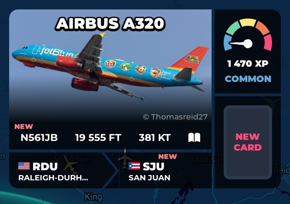Jet blue Airbus A320 with Super Mario characters on the side of the plane. It is in a plane spotting app and flying from Raleigh to Puerto Rico.