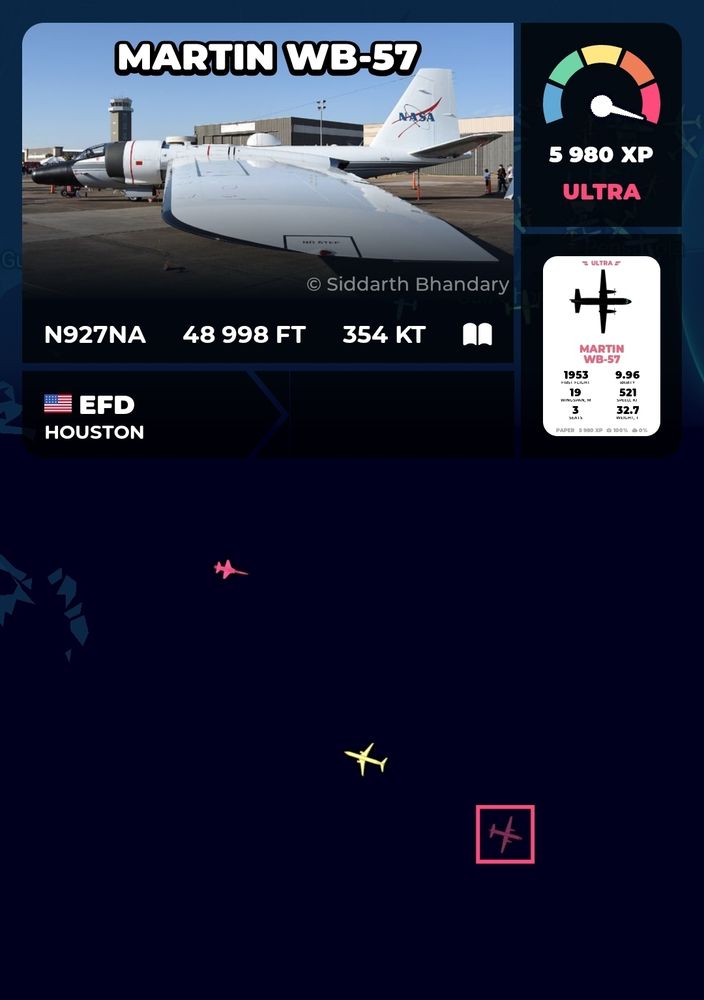 Martin wb-57 an electric plane with the NASA logo on it. Its in a game screenshot flying from Houston.