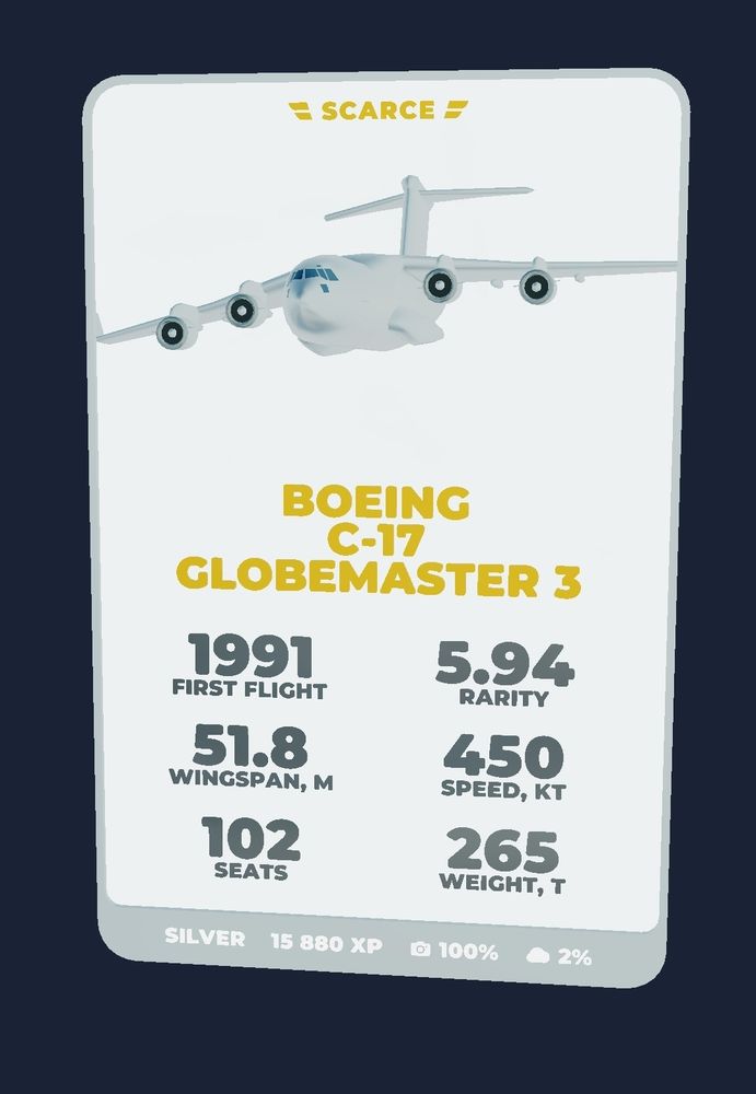 A Boeing C-17 globemaster 3, a military personnel carrier. Its in a game screenshot and guilded in silver
