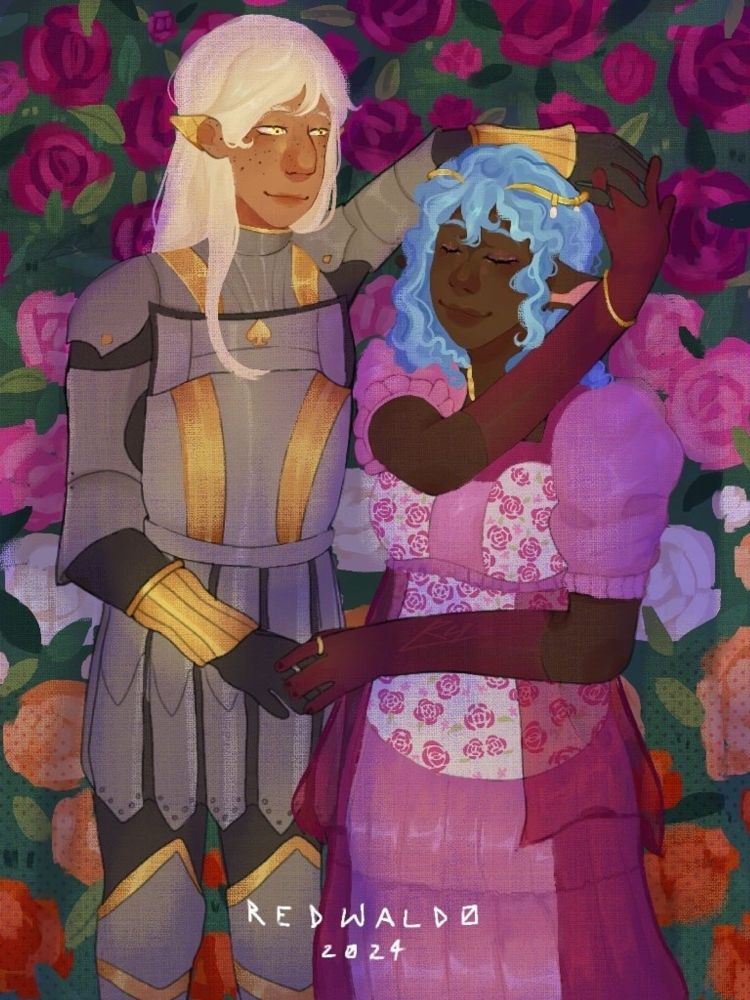 Um casal dançando composto por uma soldado alta de cabelos loiros e olhos amarelos, e uma princesa de menor estatura de cabelos azuis e vestido cor-de-rosa, elas se encontram num jardim de rosas que juntas completam as cores da bandeira lésbica. 