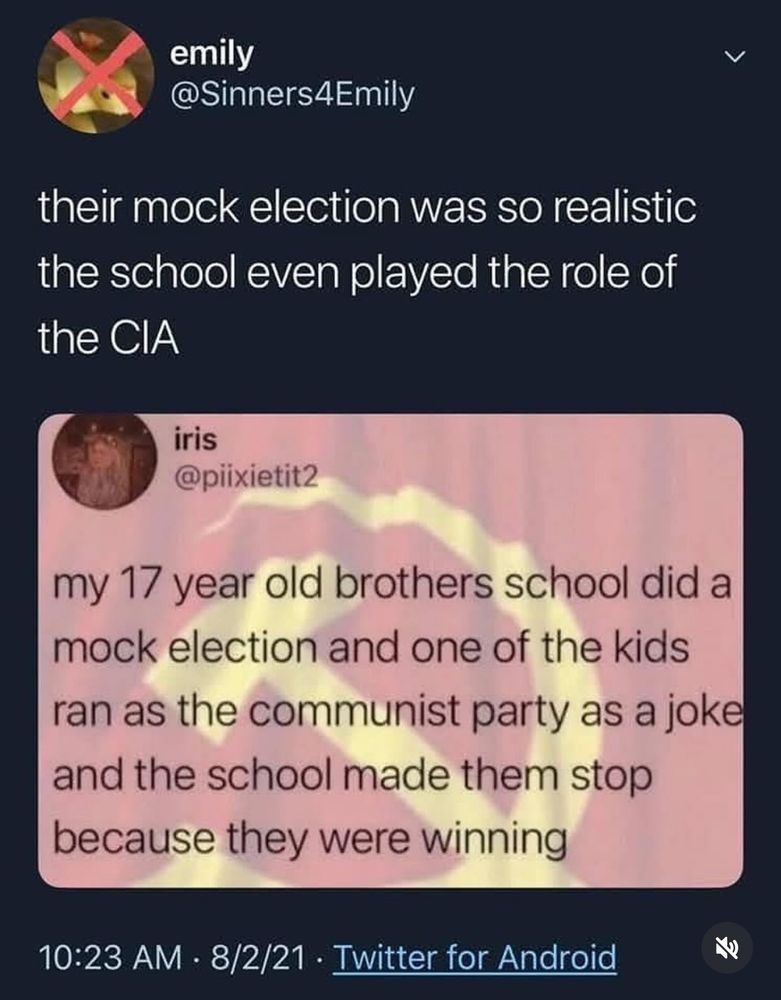 emily
@Sinners4Emily
their mock election was so realistic the school even played the role of the CIA
iris
@piixietit2
my 17 year old brothers school did a mock election and one of the kids ran as the communist party as a joke and the school made them stop because they were winning
10:23 AM • 8/2/21 • Twitter for Android
老