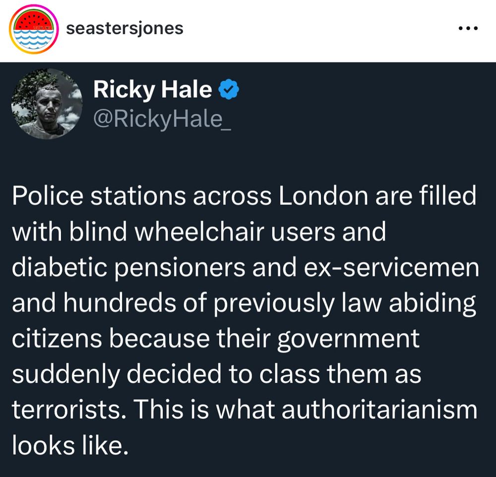 seastersjones
Ricky Hale & @RickyHale_
Police stations across London are filled with blind wheelchair users and diabetic pensioners and ex-servicemen and hundreds of previously law abiding citizens because their government suddenly decided to class them as terrorists. This is what authoritarianism looks like.