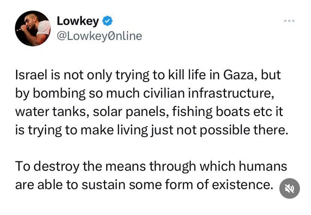 Israel is not only trying to kill life in Gaza, but by bombing so much civilian infrastructure, water tanks, solar panels, fishing boats etc it is trying to make living just not possible there.
To destroy the means through which humans are able to sustain some form of existence.