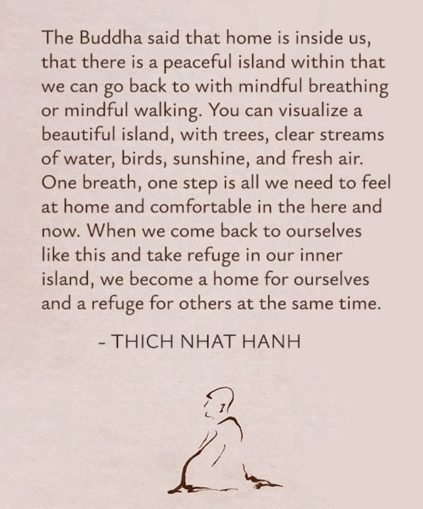 The Buddha said that home is inside us, that there is a peaceful island within that we can go back to with mindful breathing or mindful walking. You can visualize a beautiful island, with trees, clear streams of water, birds, sunshine, and fresh air.
One breath, one step is all we need to feel at home and comfortable in the here and now. When we come back to ourselves like this and take refuge in our inner island, we become a home for ourselves and a refuge for others at the same time.
- THICH NHAT HANH